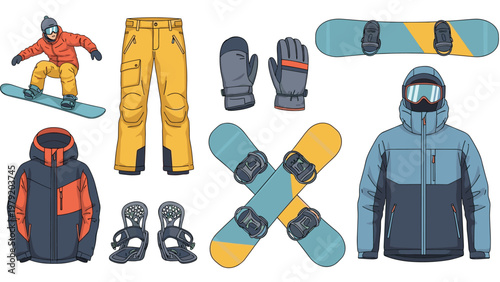 Assorted snowboarding equipment including boards, boots, jackets, pants, goggles, and gloves for winter sports and alpine adventures set.