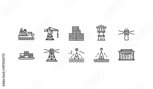 Minimal marine port line icons with cargo ship crane dock and shipping logistics elements monoline vector set for apps and websites isolated on white