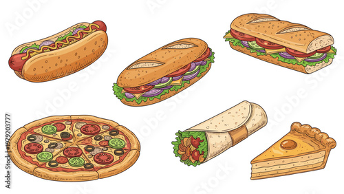 Collection of popular fast food items including hot dog, sandwiches, pizza, burrito, and a slice of pie for quick meal concepts.