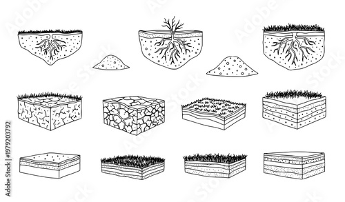 Soil ground outline icon collection with earth layers roots and farmland elements hand drawn line vector set isolated on white