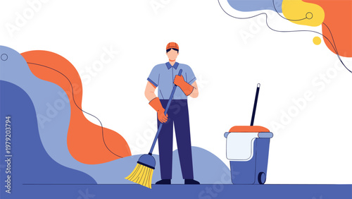 Male janitor stands with professional cleaning equipment like a broom and bucket to represent maintenance and hygiene services.