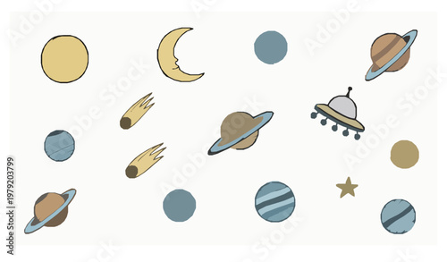 Cute doodle space elements vector with hand drawn planets stars sun moon and spaceship in childish crayon style isolated on white