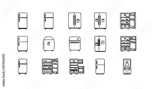Refrigerator outline icons set with single double door side by side and smart fridge thin line vector collection for web design isolated on white