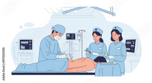 Surgeon and nurses performing surgery in operating room with medical equipment