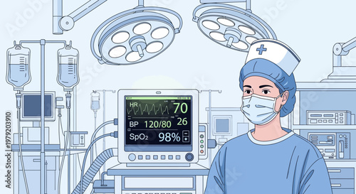 Surgeon in Operating Room with Medical Equipment and Vital Signs Monitor