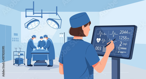 Surgeon Monitors Vital Signs on Screen During Operation in Modern Operating Room