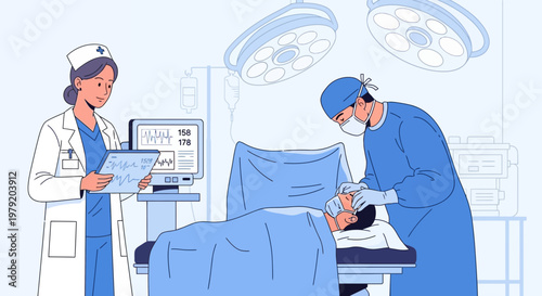 Surgeons and nurse in operating room with patient on table, medical equipment, surgery, healthcare concept