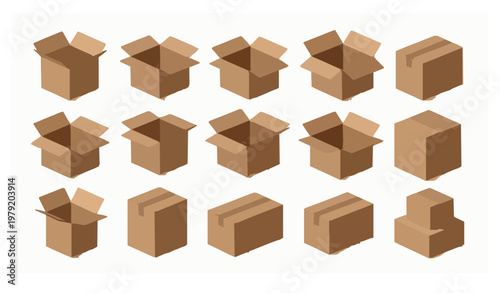 Realistic cardboard packaging box mockups with perspective delivery cartons open and sealed parcel vector set for ecommerce isolated on white