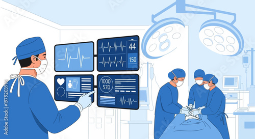 Surgeon uses futuristic interface in operating room with medical team performing surgery