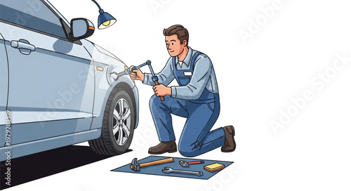 Auto mechanic repairing car body with tools.