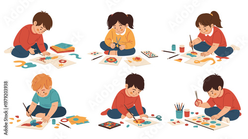 Young children sit on the floor and engage in creative arts and crafts activities like cutting paper, painting, and collage together.