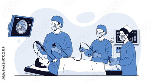 Surgeons perform laparoscopic surgery using modern technology in an operating room