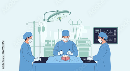 Surgeons Performing Brain Surgery in Operating Room with Medical Equipment