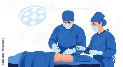 Surgeons Performing Laparoscopic Surgery in Operating Room with Medical Equipment