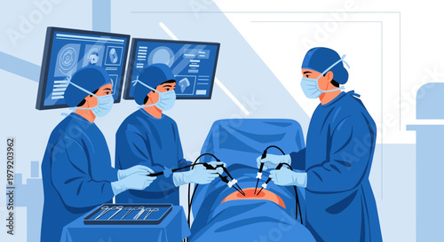 Surgeons performing laparoscopic surgery with advanced technology in operating room