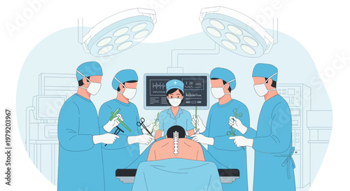 Surgeons Performing Minimally Invasive Surgery in Operating Room with Modern Technology