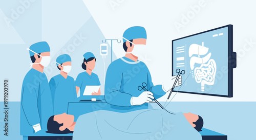 Surgeons performing laparoscopic surgery on patient, guided by screen display of organs