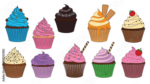 Selection of colorful cupcakes with diverse toppings like strawberries, wafers, and sprinkles highlights sweet desserts and bakery treats.