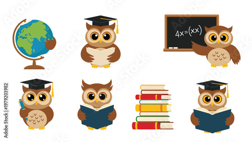 Wise owl characters in academic graduation caps are shown with books, a globe, and a blackboard to represent education and knowledge.