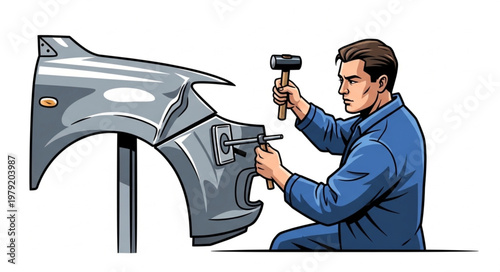 Auto mechanic repairing car fender with hammer and tools.