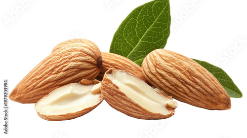 Heap of fresh almonds with green leaves and cut almond showing inside, healthy food.