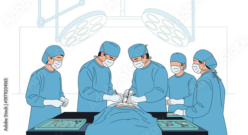 Surgeons Performing Operation in Operating Room with Medical Instruments and Lights