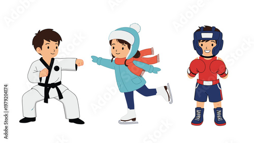 Young kids participate in different sports activities including karate martial arts, ice skating, and boxing for fitness and skill development.