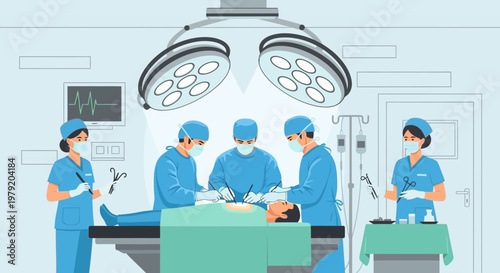 Surgeons Performing Operation in Operating Room with Medical Team and Equipment