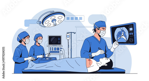 Surgeons performing surgery with advanced medical equipment and patient on operating table