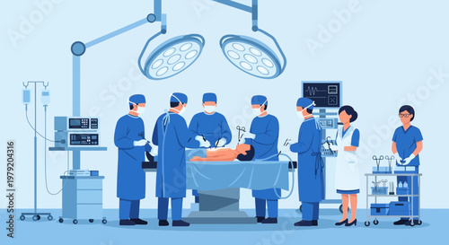 Surgical Team Performing Operation in Modern Operating Room with Medical Equipment