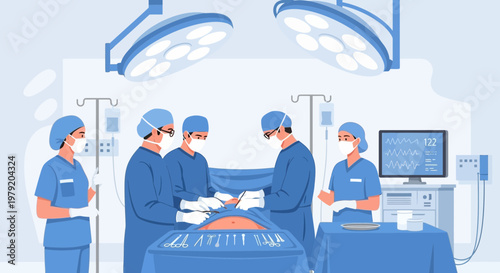 Surgical Team Performing Operation in Modern Operating Room with Medical Equipment