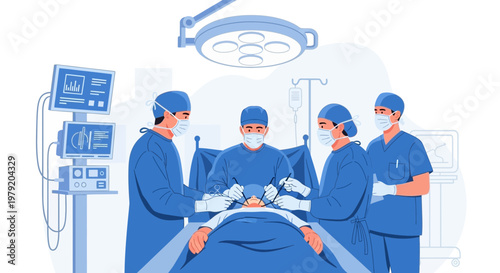 Surgical Team Performing Operation in Modern Operating Room with Medical Equipment