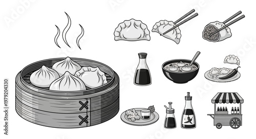 Asian Food Set: Dumplings, Spring Rolls, Soup, Soy Sauce, Chopsticks