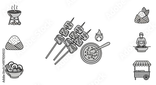 Asian Street Food Icons: Skewers, Rice Balls, Noodles, Grill, Food Cart