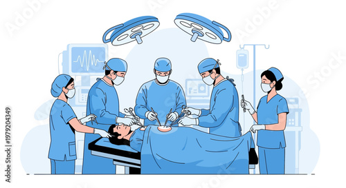 Surgical Team Performing Operation in Modern Operating Room with Medical Equipment