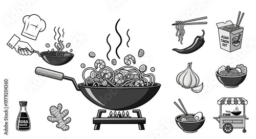 Asian Wok Cooking Elements - Noodles, Shrimp, Spices, and Takeout