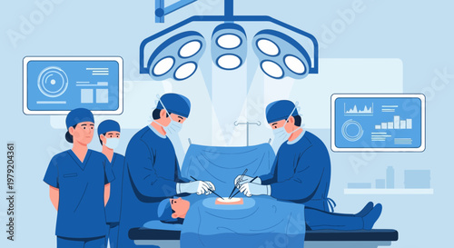 Surgical Team Performing Operation in Modern Operating Room with Medical Monitors