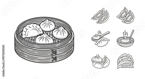 Bamboo Steamer Basket with Dumplings and Dim Sum Illustrations