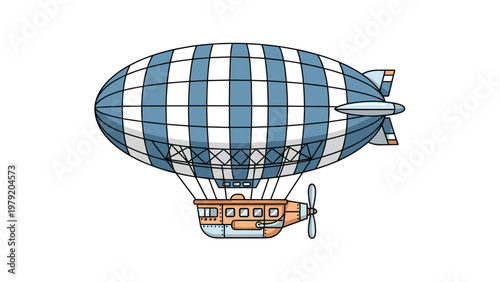 Steampunk-style blimp with a striped gas bag and a mechanical gondola is shown in a side view for adventure and fantasy themes.