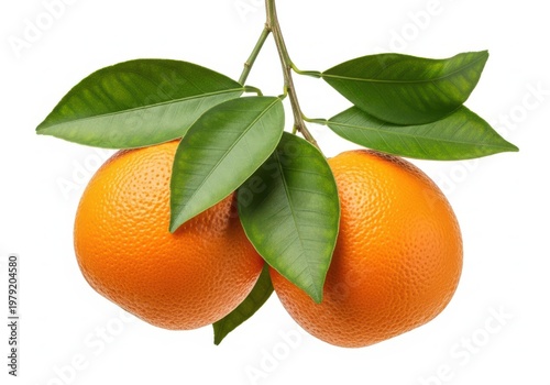 Two vibrant oranges nestled among fresh green leaves on a branch