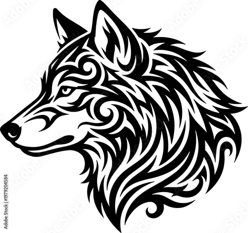 A black and white drawing of a wolf's head with swirling patterns