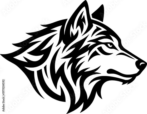 A black and white drawing of a wolf's head
