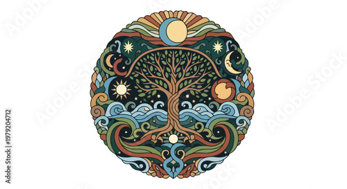 Tree with roots and celestial bodies.
