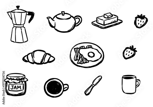 Breakfast Doodle Icon Set – Hand Drawn Food and Coffee Sketch Collection, Croissant, Jam, Teapot, Cup, Egg Plate Vector.