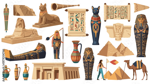 Collection of ancient Egyptian symbols and artifacts including pyramids, sphinx, sarcophagus, papyrus, pottery, and camels for historical themes.