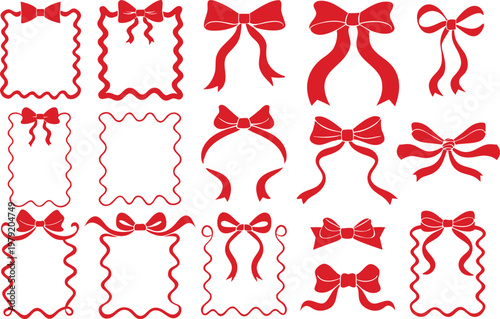A collection of red decorative ribbons and bow frames for festive greeting cards and scrapbooks