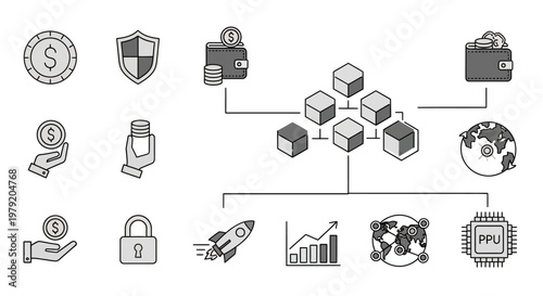 Blockchain Technology Icons: Security, Finance, Network, and Innovation