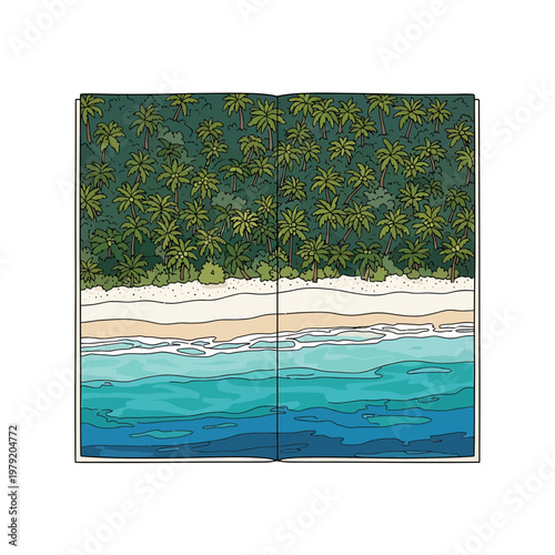 Tropical Beach Landscape Illustration Inside an Open Notebook