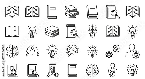 Book Icons: Knowledge, Ideas, Research, Brainstorming, Learning, Education