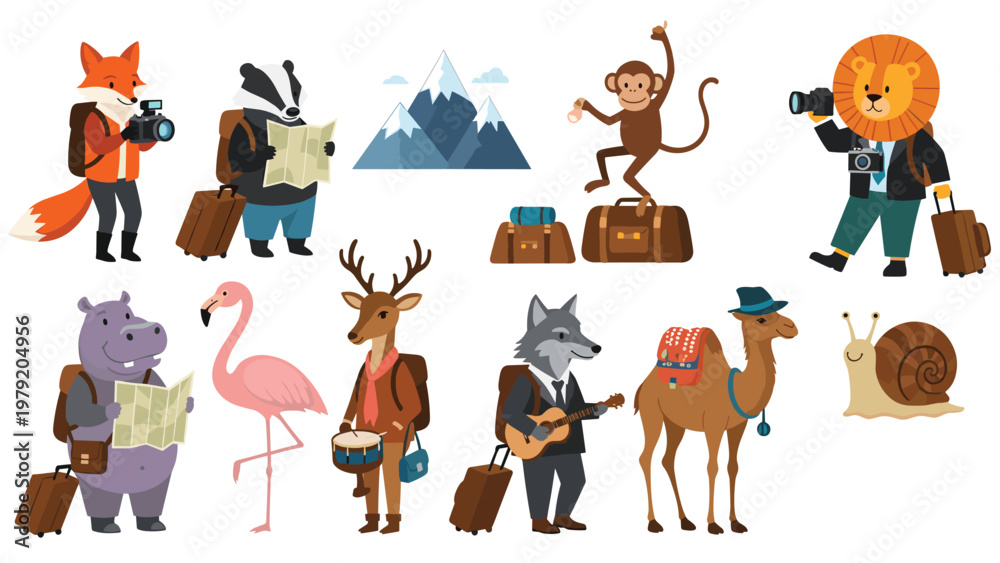 Obraz premium Group of cartoon animals like fox, hippo, and lion are depicted as travelers with backpacks, cameras, maps, and luggage for adventures.